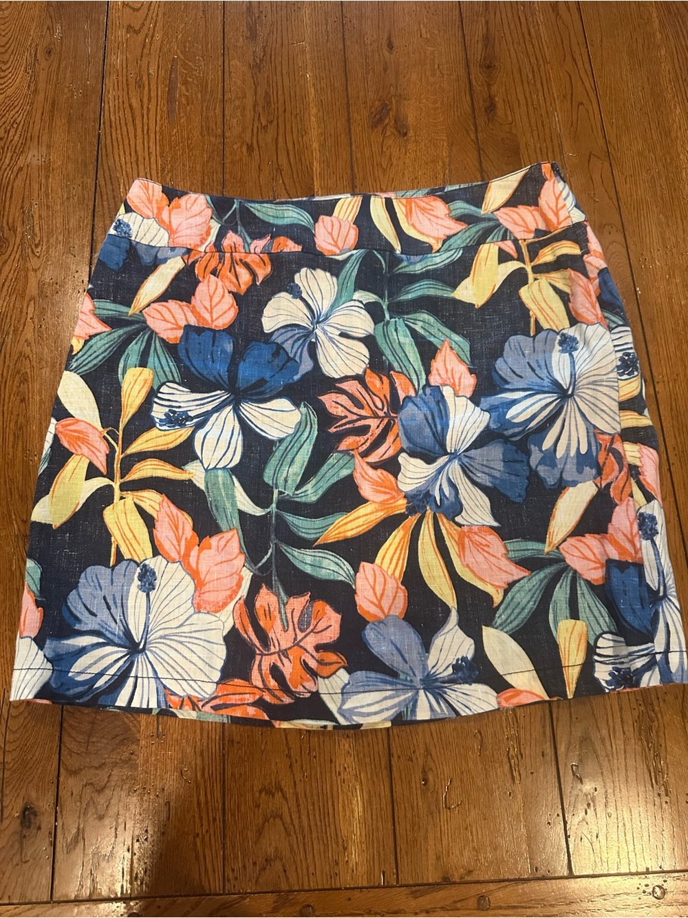Tommy Bahama Linen Tropical Hibiscus Floral Resort A-Line Skirt Navy Size 12